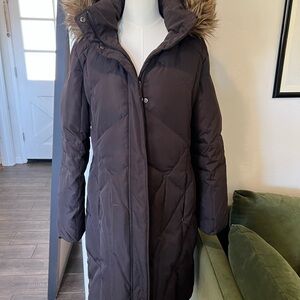 Calvin Klein Dark Brown Hooded Puffer Coat with Faux Fur